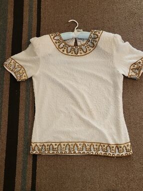 Laurence Kazar White Silk Top with Gold Beaded Trim